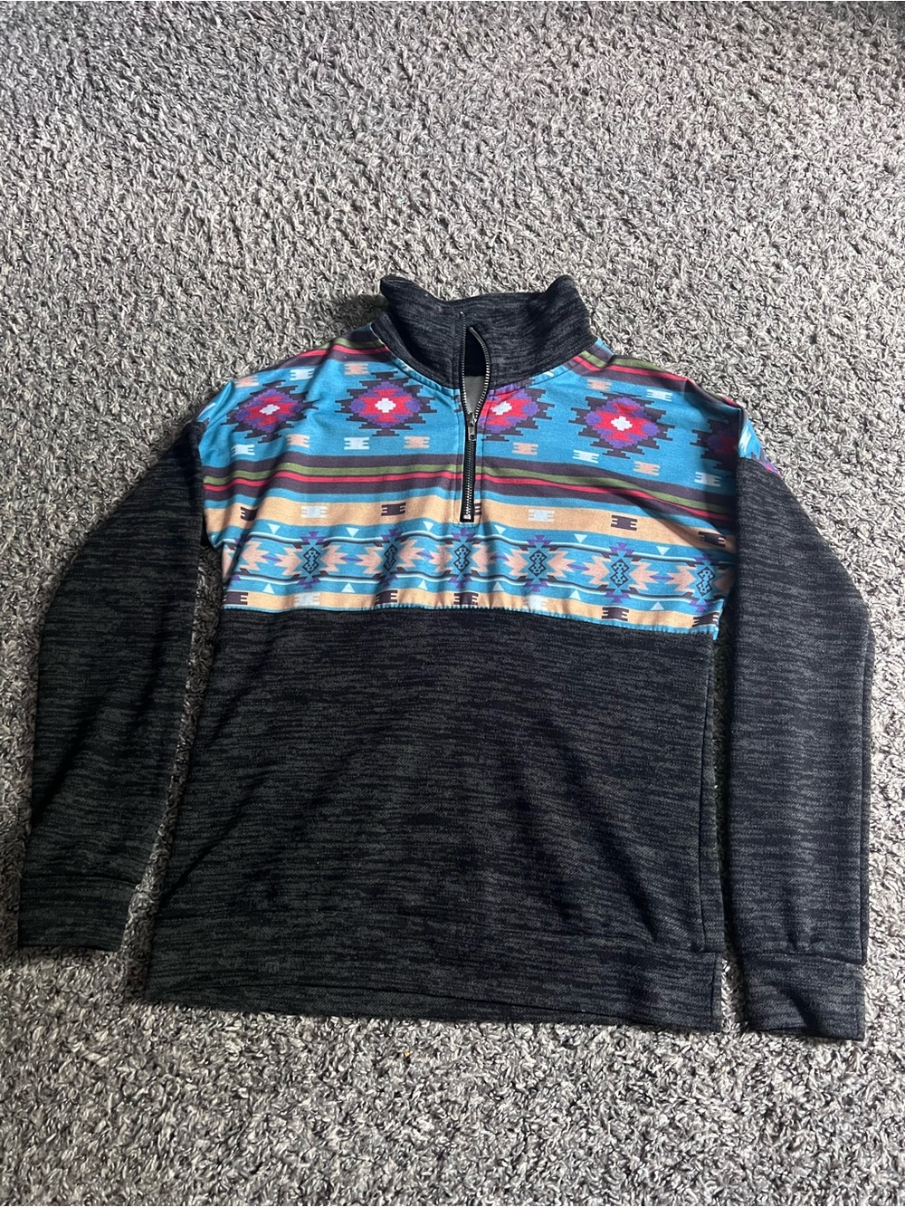 Women’s  Black Pullover Quarter-Zip Sweater with Southwestern Pattern